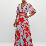 Gabriella Budapest | Virágmintás, V-nyakú maxi ruha